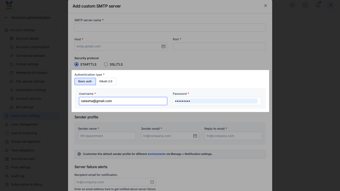 Basic auth fields for username and password