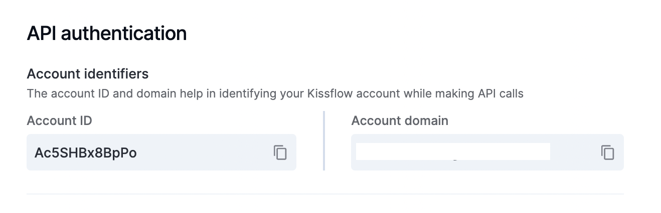 The API authentication page showing the Account identifiers section with the Account ID and Account domain, each with a copy control