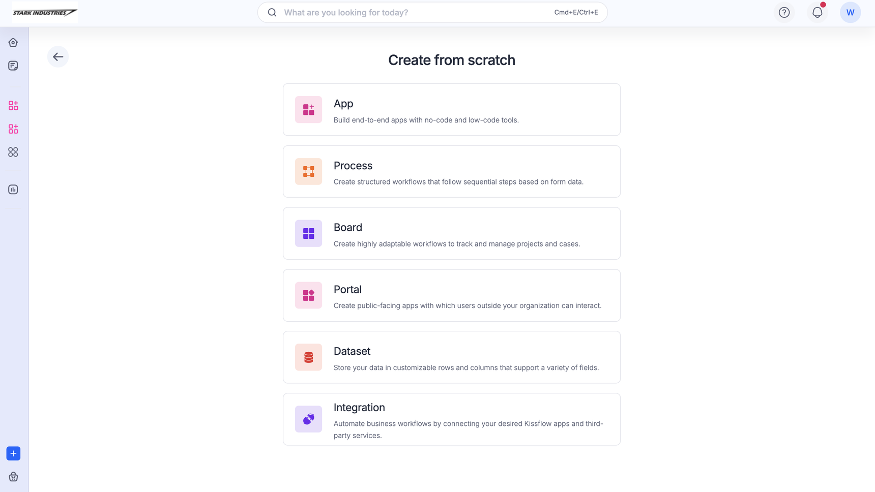 The Create from scratch menu, with App as the first option
