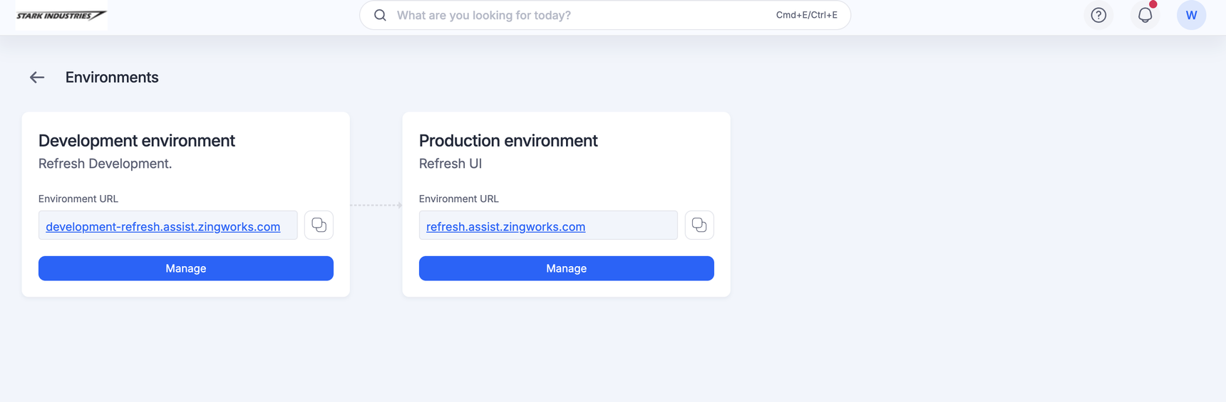 The Environments page with cards for the development and production environments, each showing its URL and a Manage button