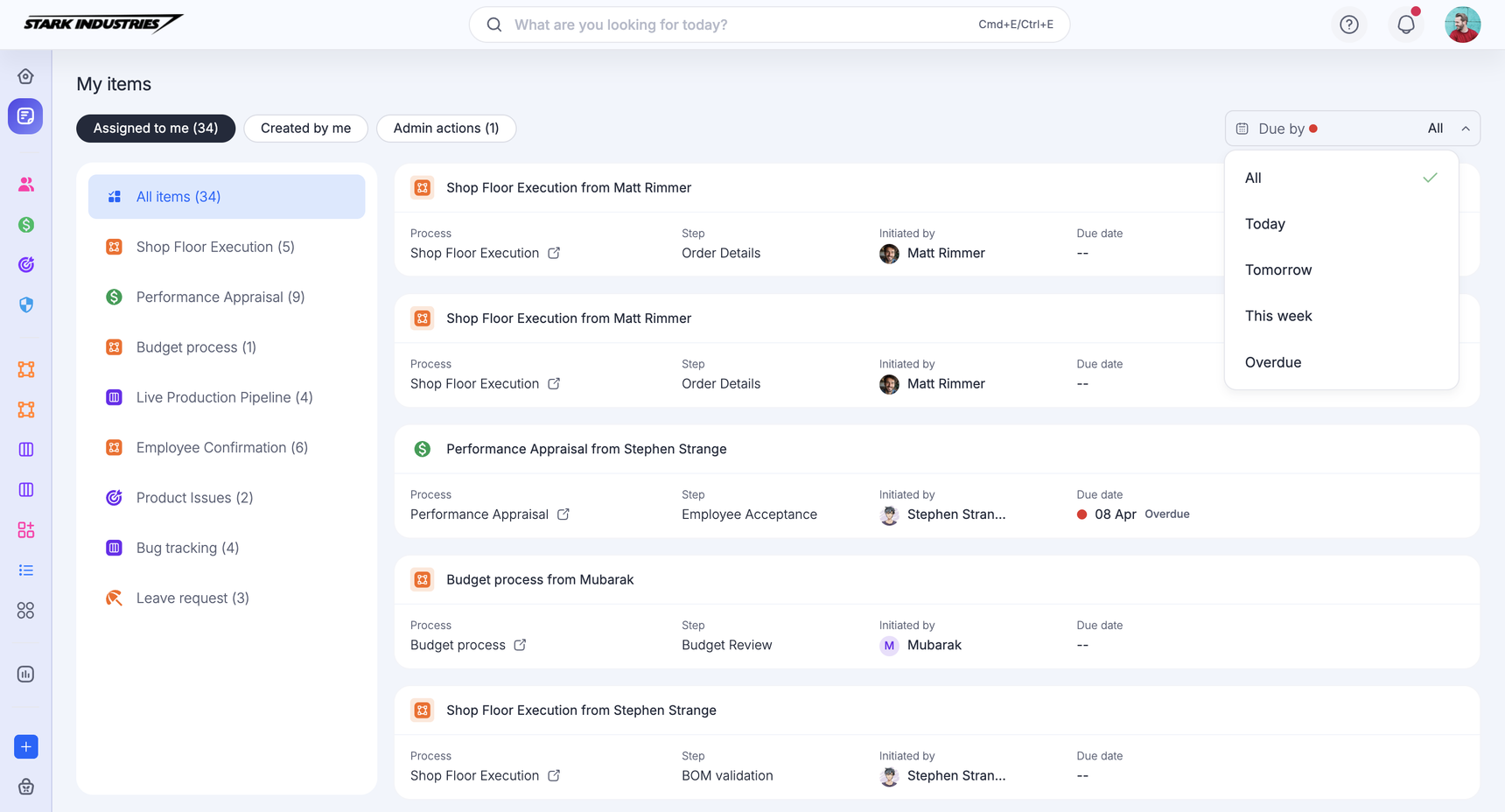 My items open on the Assigned to me tab, with items listed by process and the Due by filter expanded