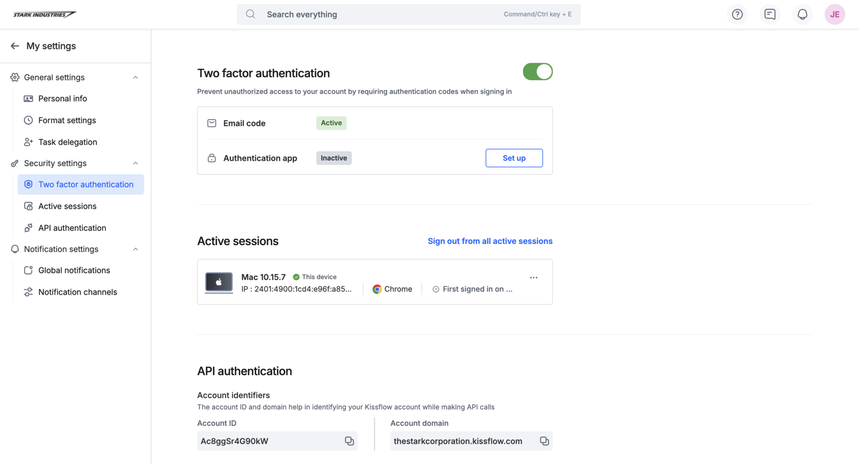 My settings Security tab showing the 2FA widget with Email and Authentication app options