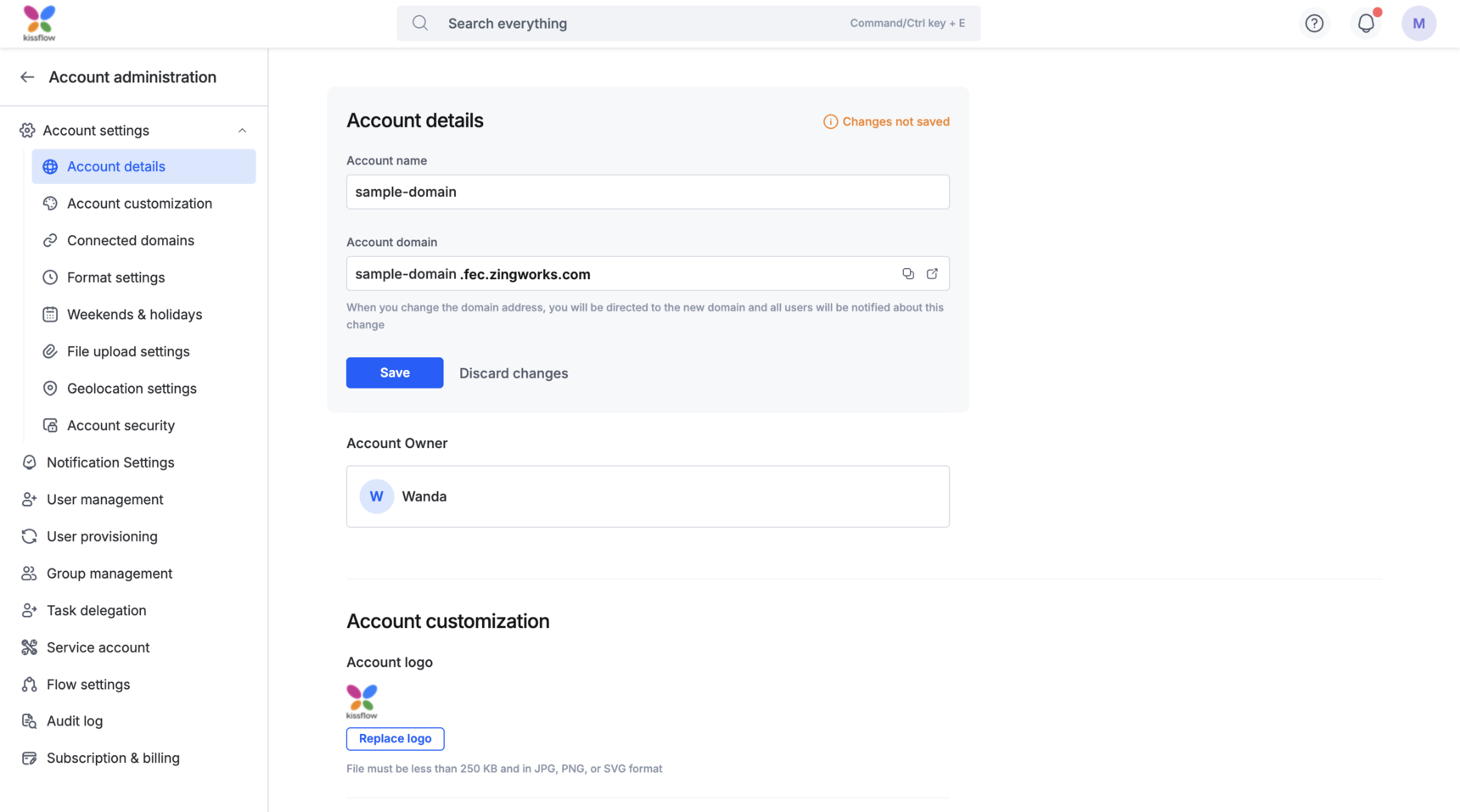 The Account administration page open on Account details, with the settings tabs listed on the left