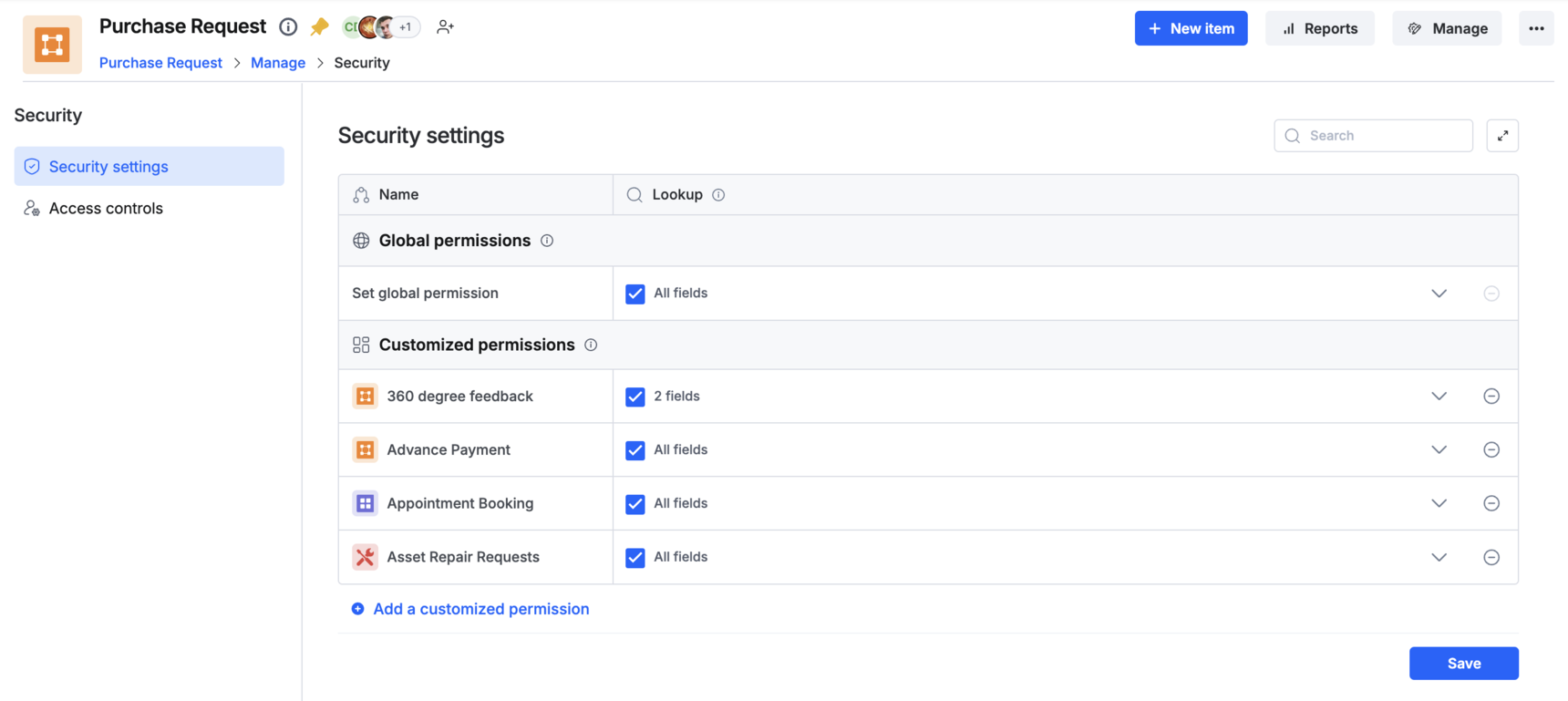 Manage menu open with the Security option highlighted