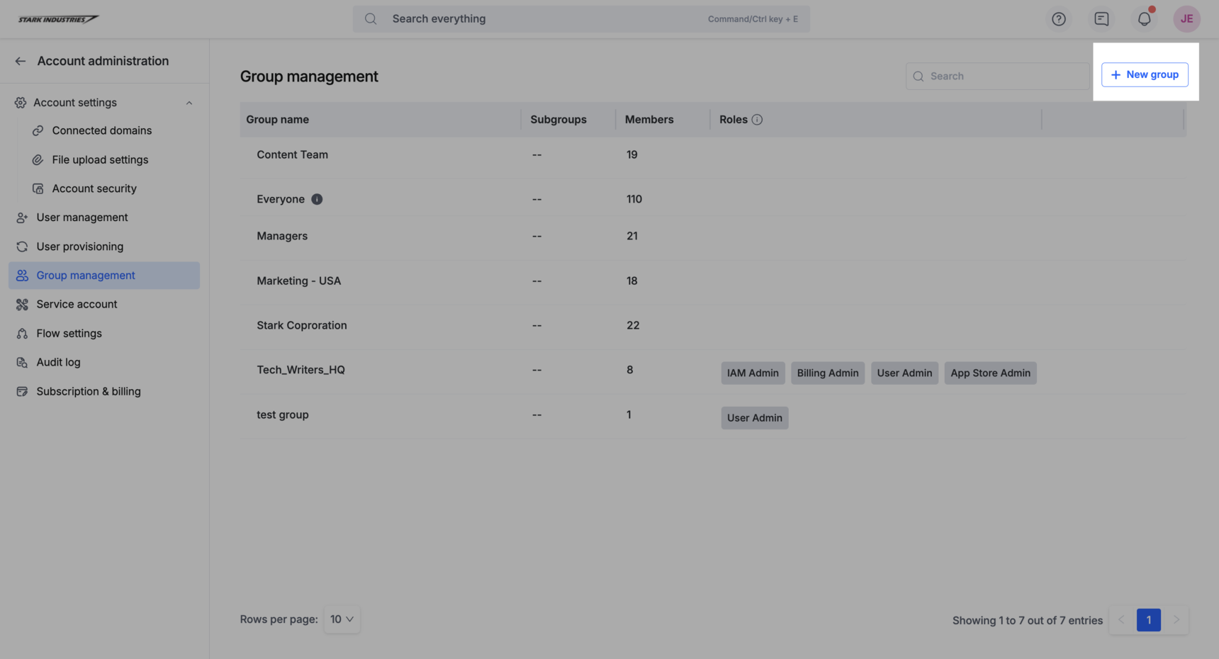 The Group management page listing groups with their members and roles, and the New group button at the top right