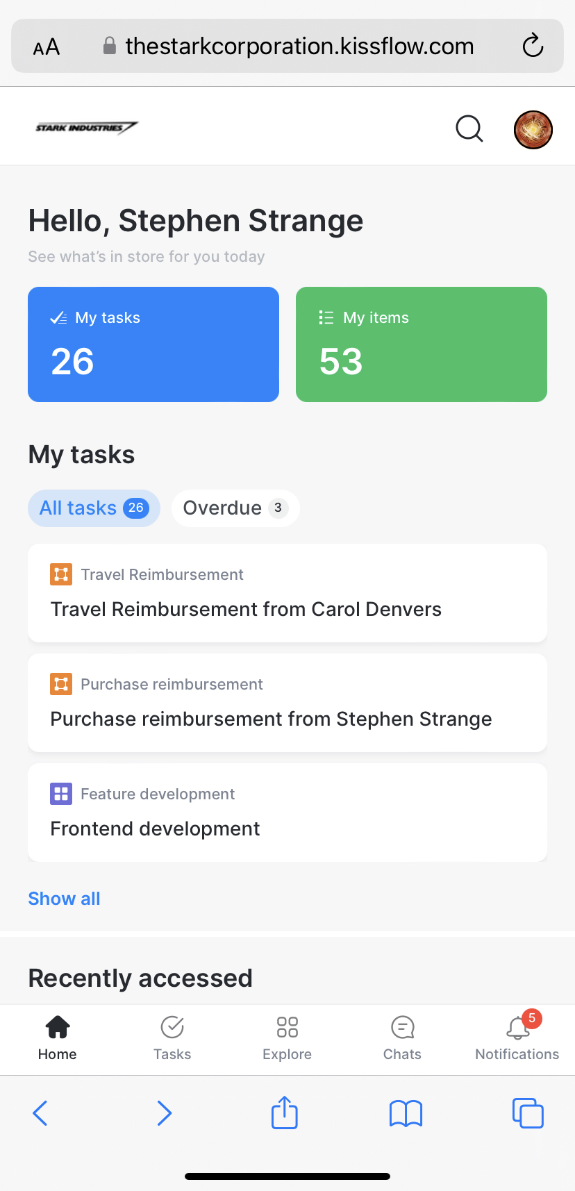 Kissflow Progressive Web App running on an iOS device