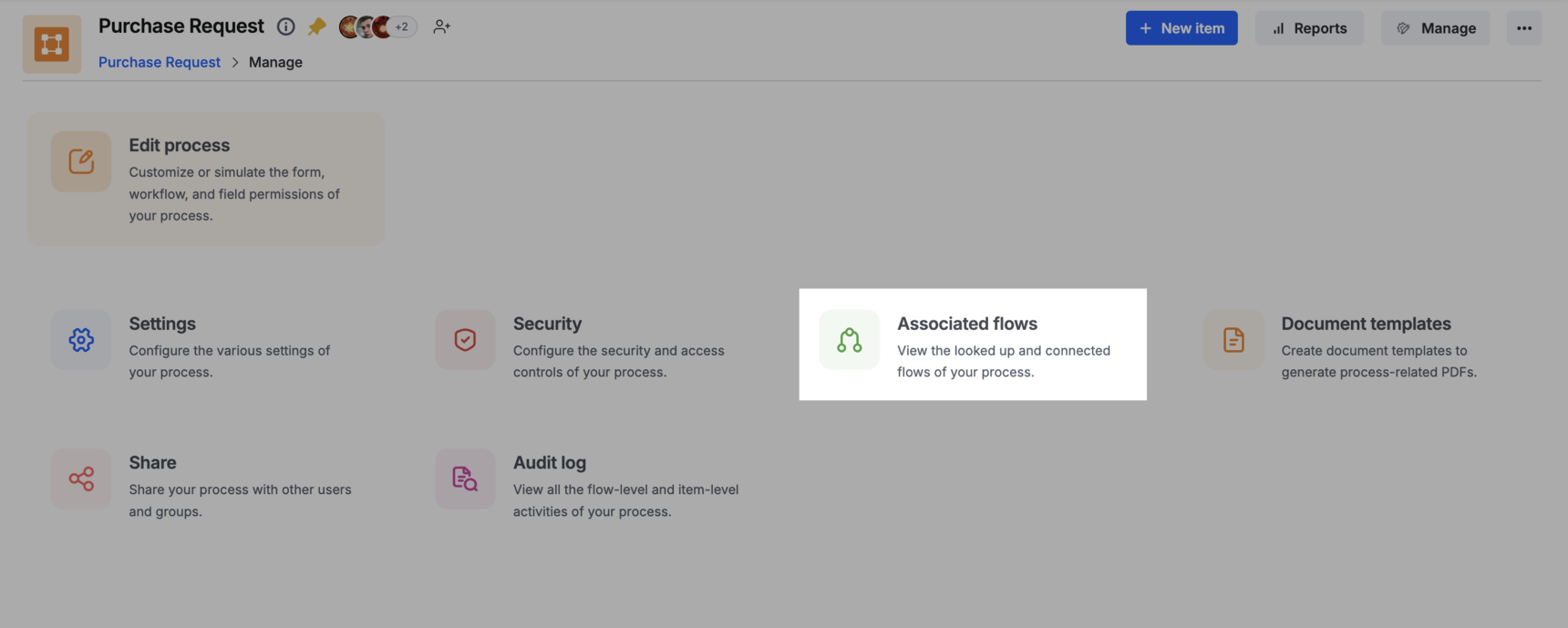 Process Manage panel with the Associated flows tile