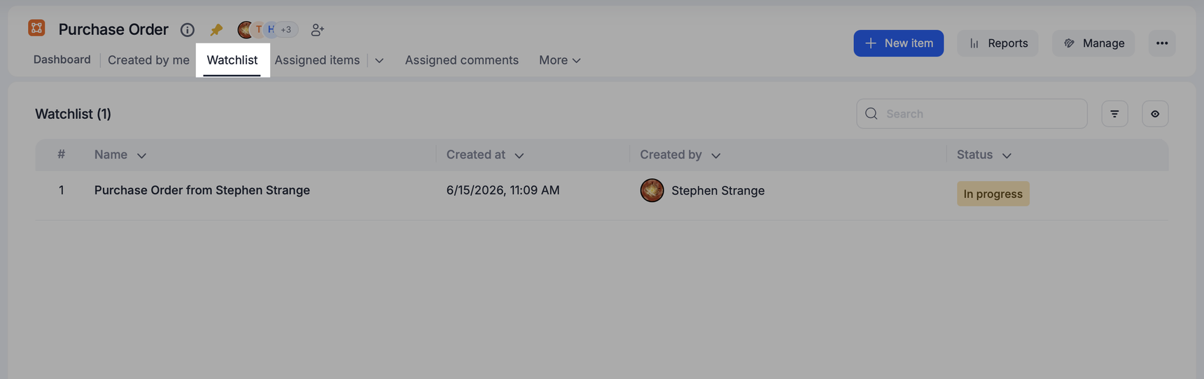 Watchlist tab within a process