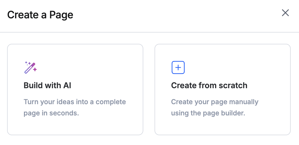 The Create a Page dialog offering Build with AI and Create from scratch