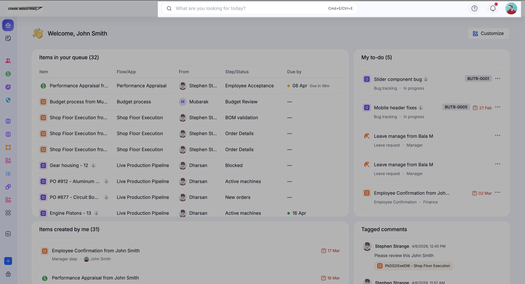 The Kissflow homepage with the search bar at the top and the default widgets showing items in your queue, items created by you, and tagged comments