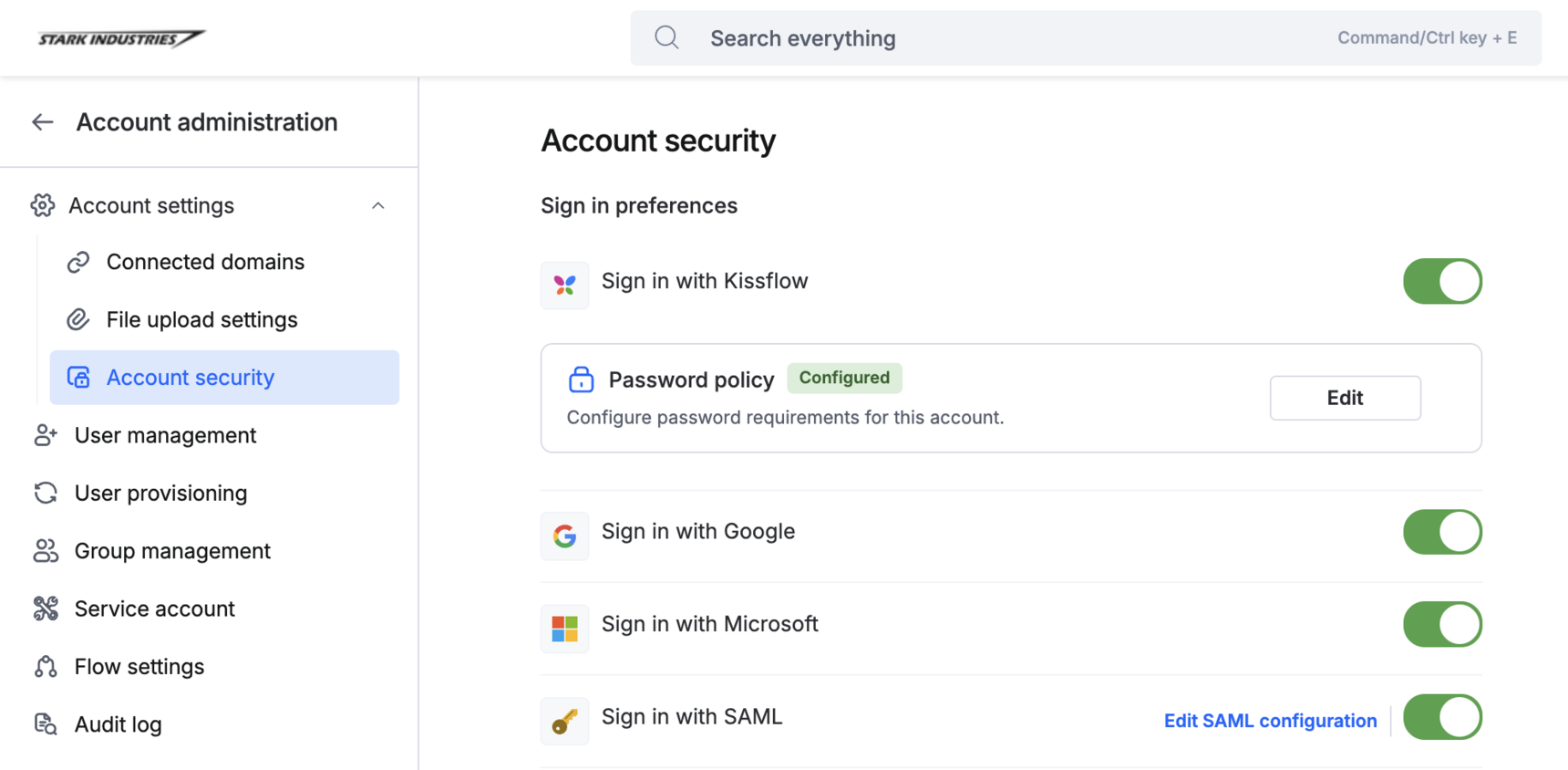 The Account security page showing sign in preferences for Kissflow, Google, Microsoft, and SAML, with the password policy card