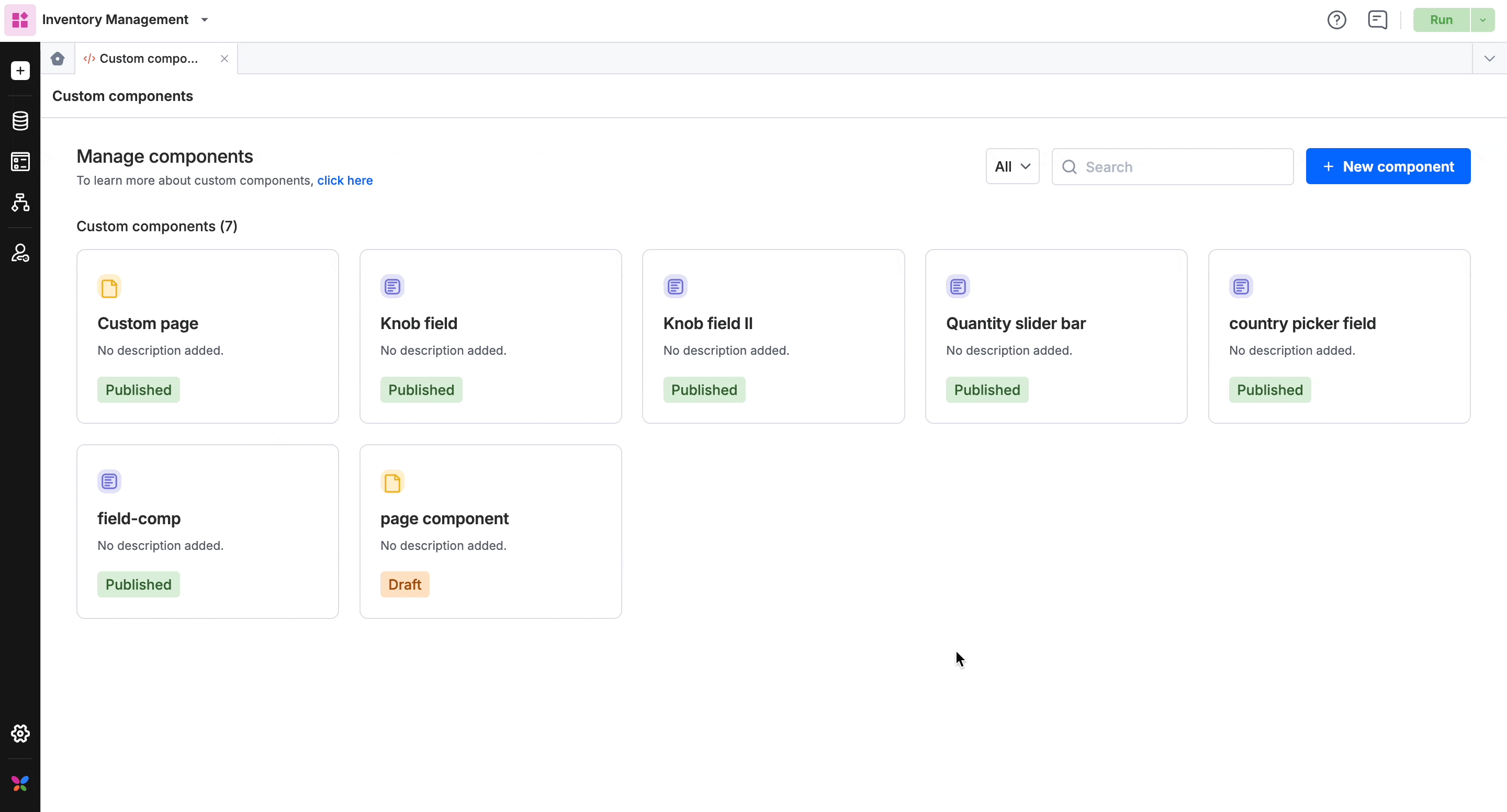 The Manage components page in the app builder, listing page and field components with Published and Draft statuses, and the New component button at the top right
