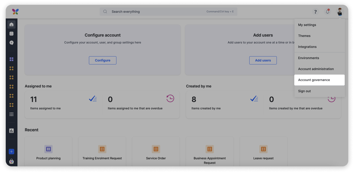 The profile menu open with Account governance selected, alongside Environments and Account administration