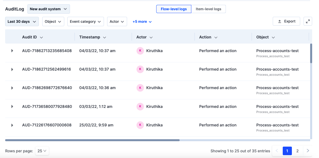 Process manage menu with the Audit log option