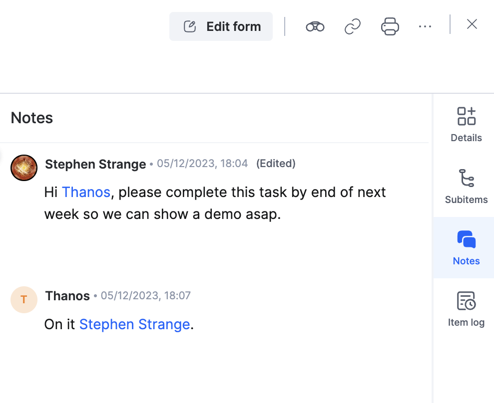 Notes tab of an item showing the conversation thread and the text area for adding a note