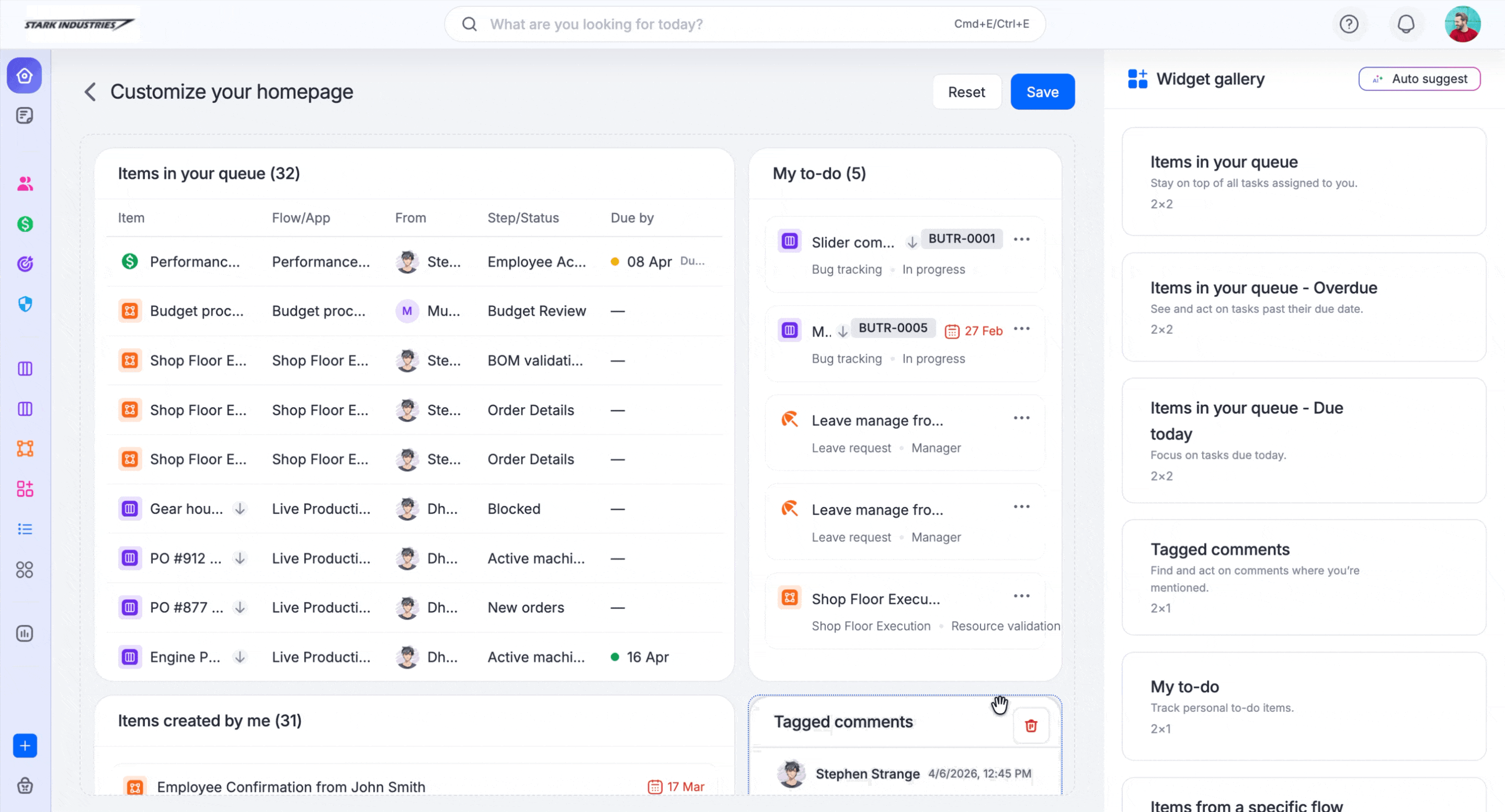 Customizing the homepage dashboard by adding and arranging widgets