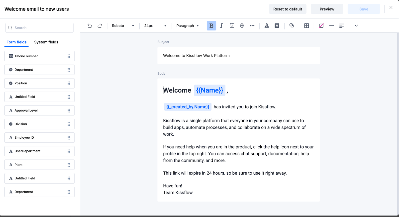 Email editor with custom and system fields