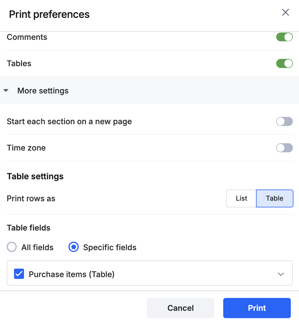More settings for time zone, row format, and field selection