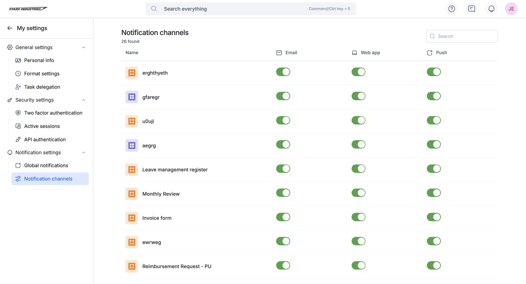 Notification channels list with per-item Email, Web app, Push, and Bot toggles