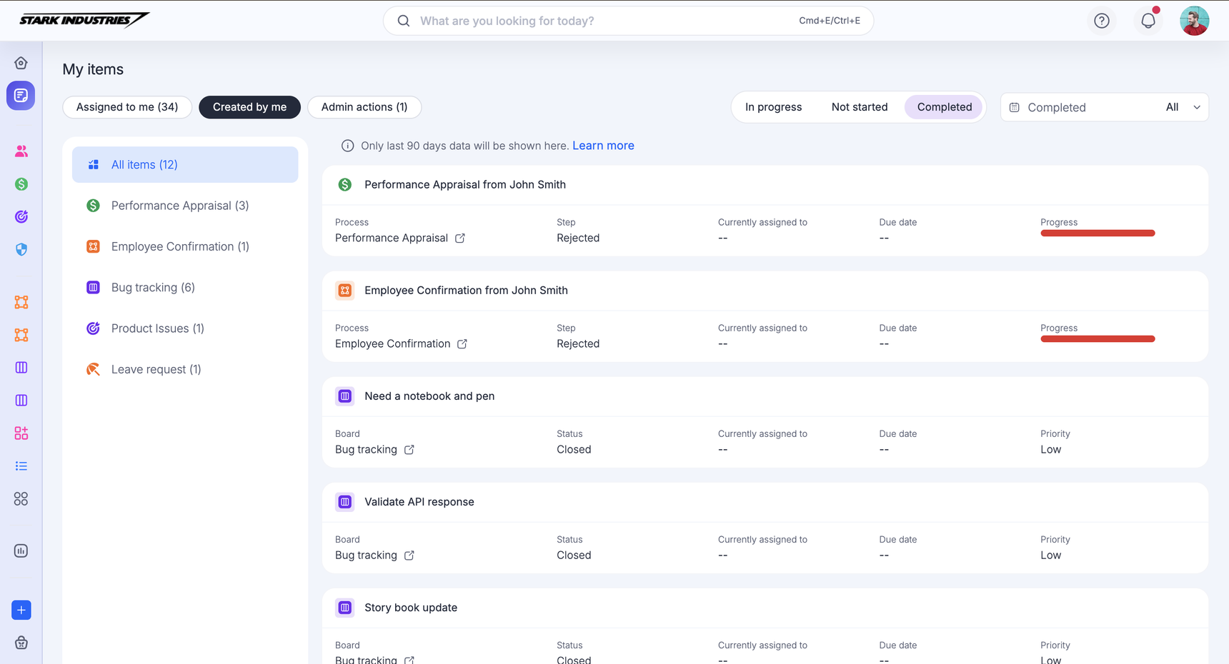 My items page showing items created by the user