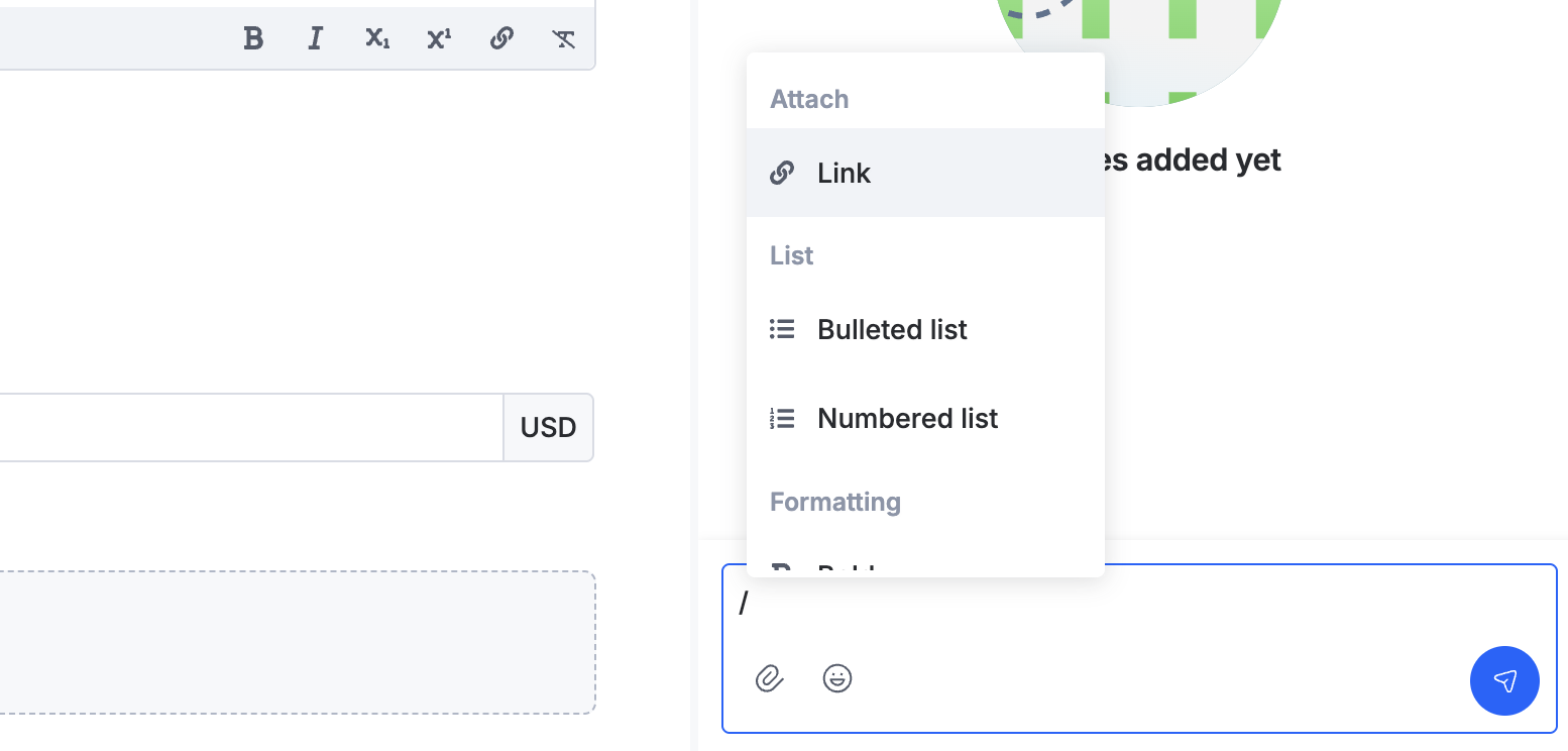 Slash menu in a note showing the attach, list, and formatting options