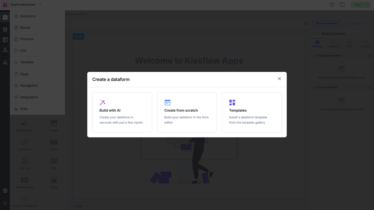 The Create a dataform dialog offering Build with AI, Create from scratch, and Templates