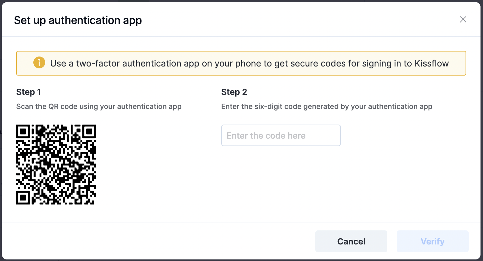 Authenticator app setup dialog with a QR code and a field for the six-digit code