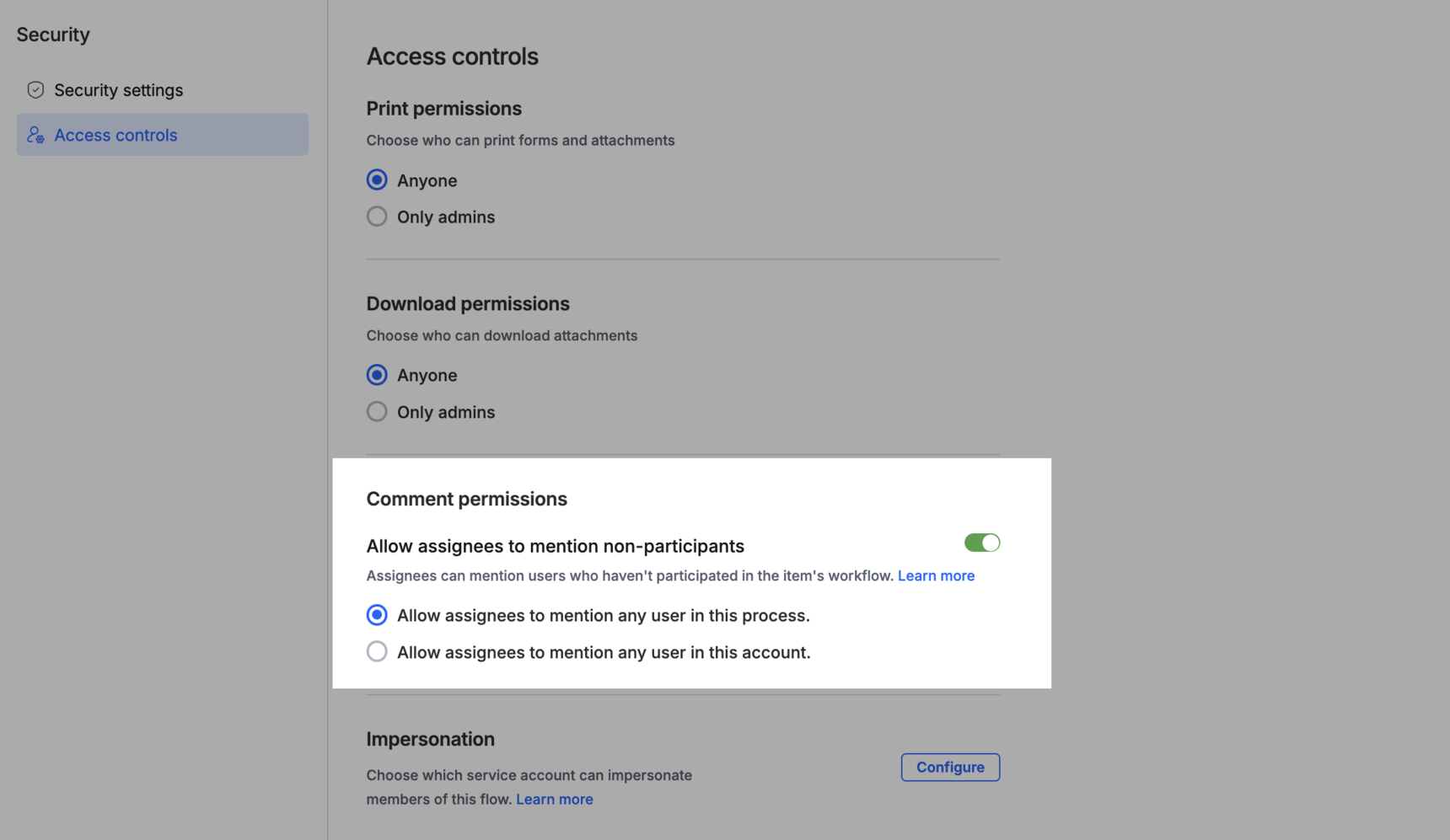 Comment permissions settings with the non-participant mention toggle and scope options