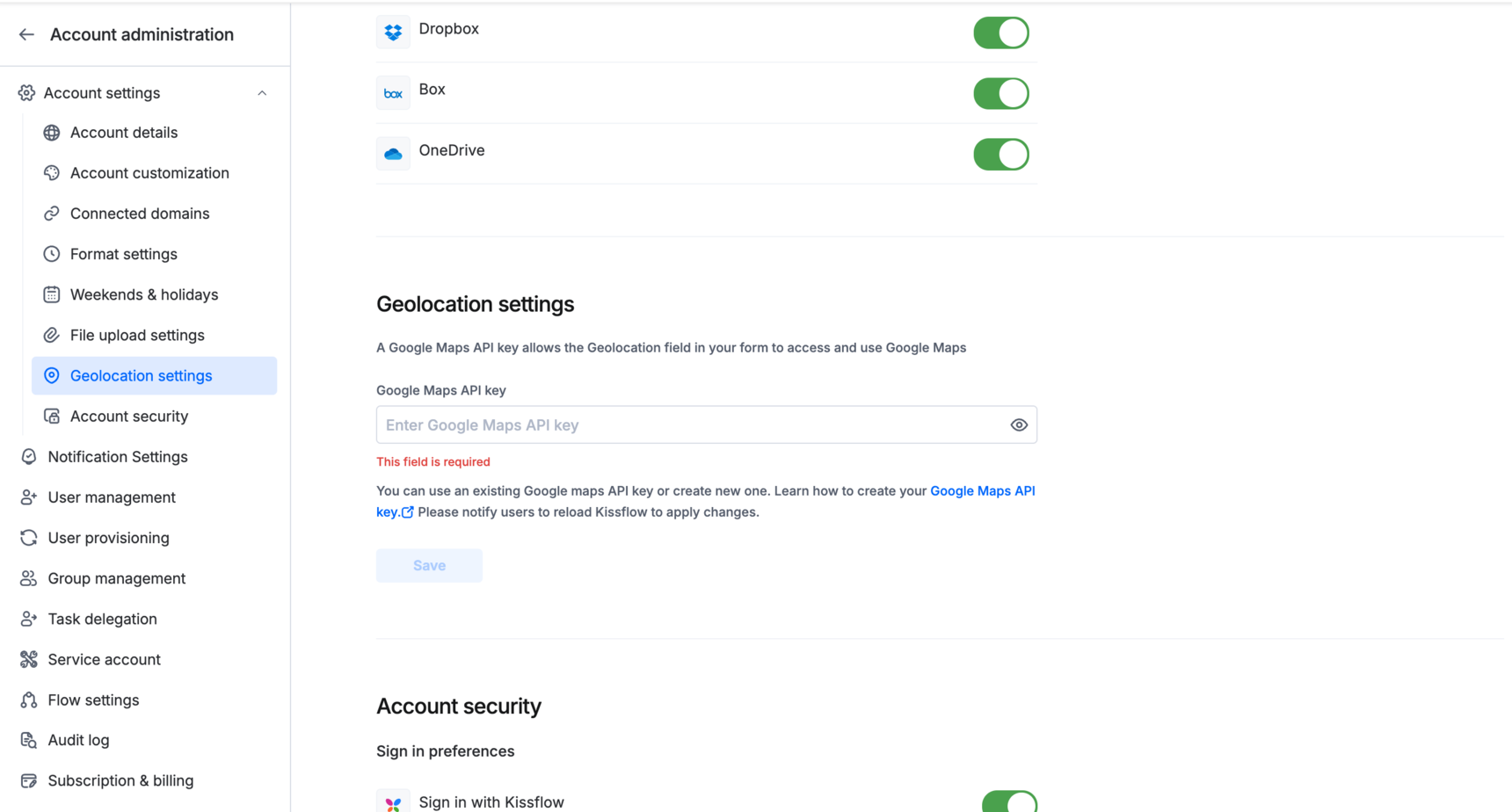 Geolocation settings page with the API key input box