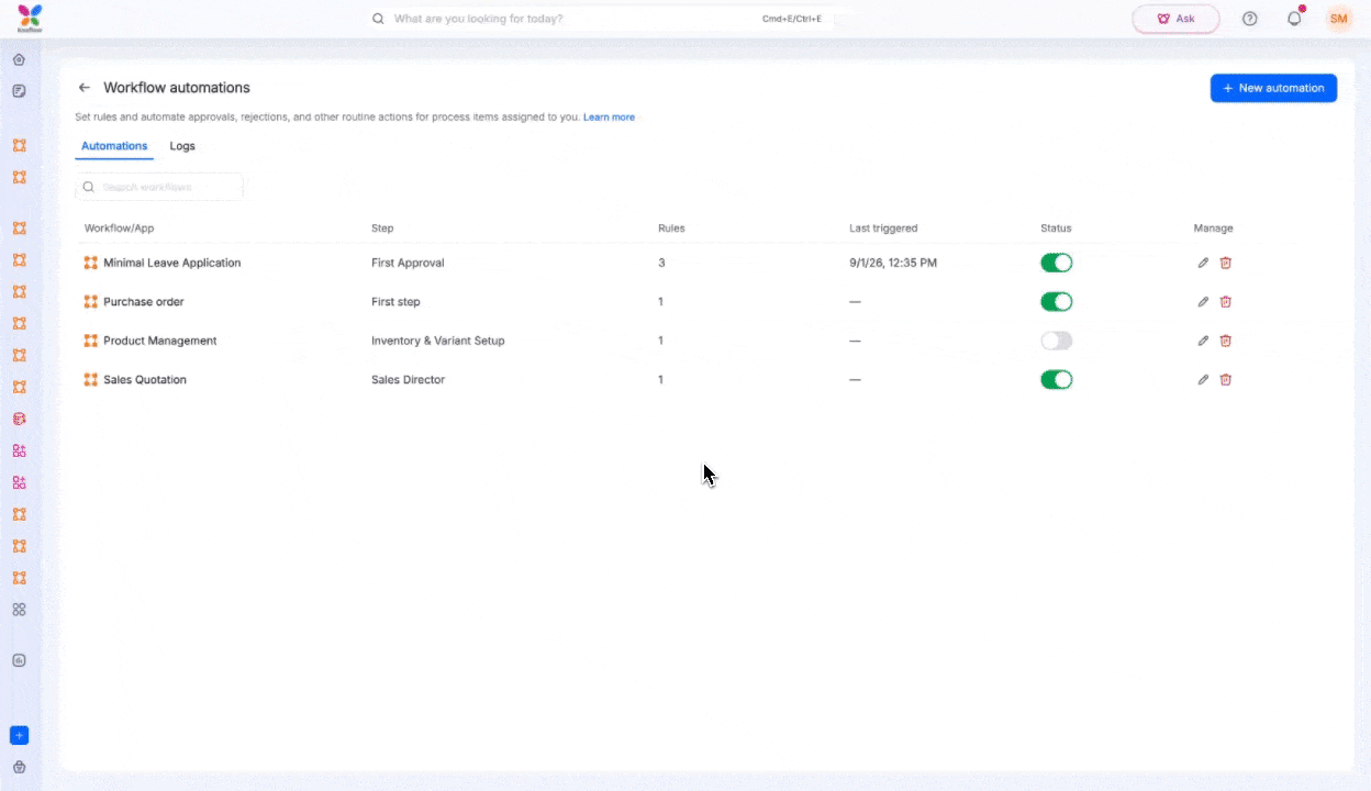 Creating a new automation by selecting a workflow and step, then configuring rules