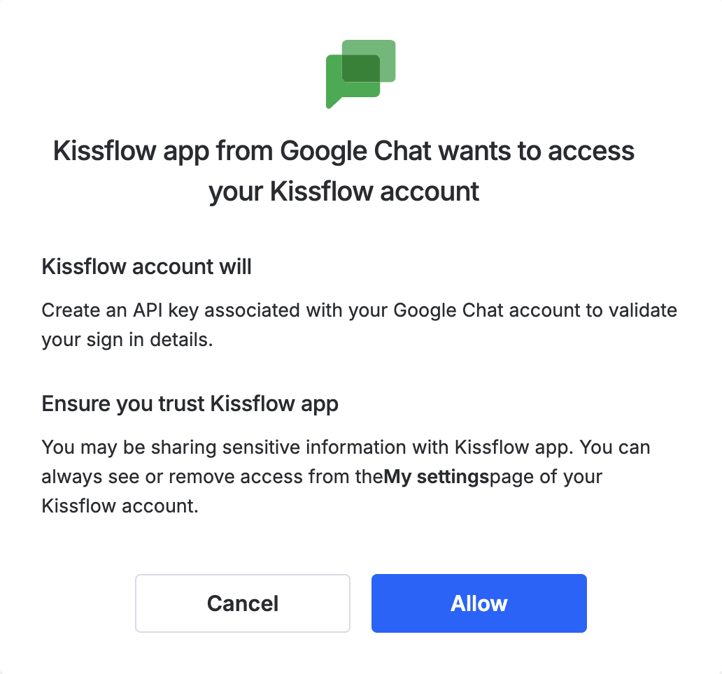 Permissions popup for signing in to Kissflow from Google Chat