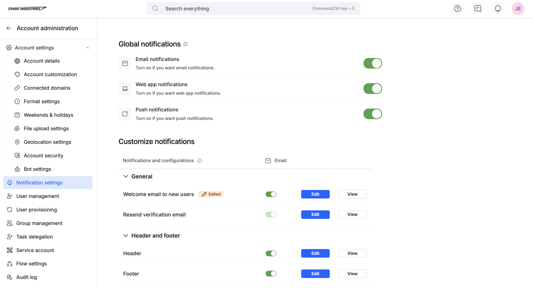 Account administration menu with Notification settings highlighted