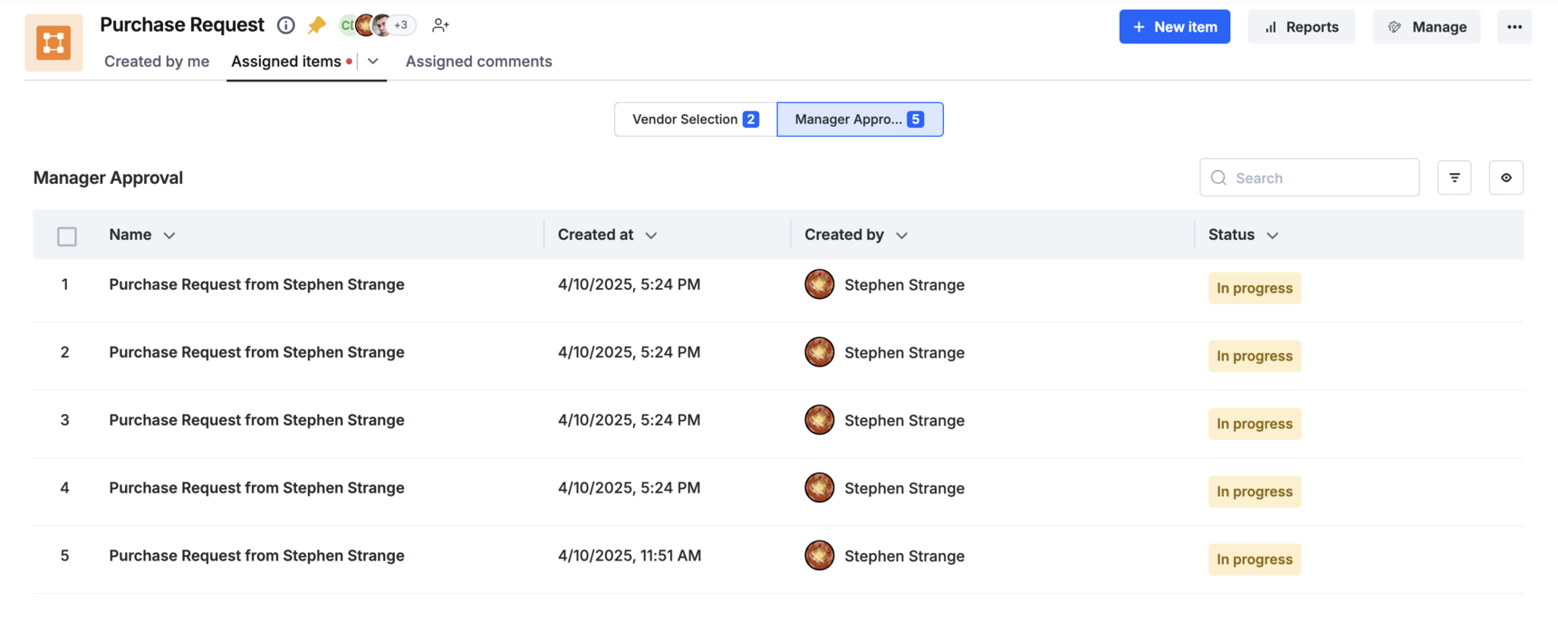 Assigned items tab listing steps assigned to the current user