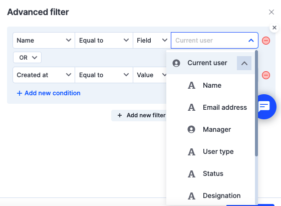 Current User option with its attributes in the filter value dropdown