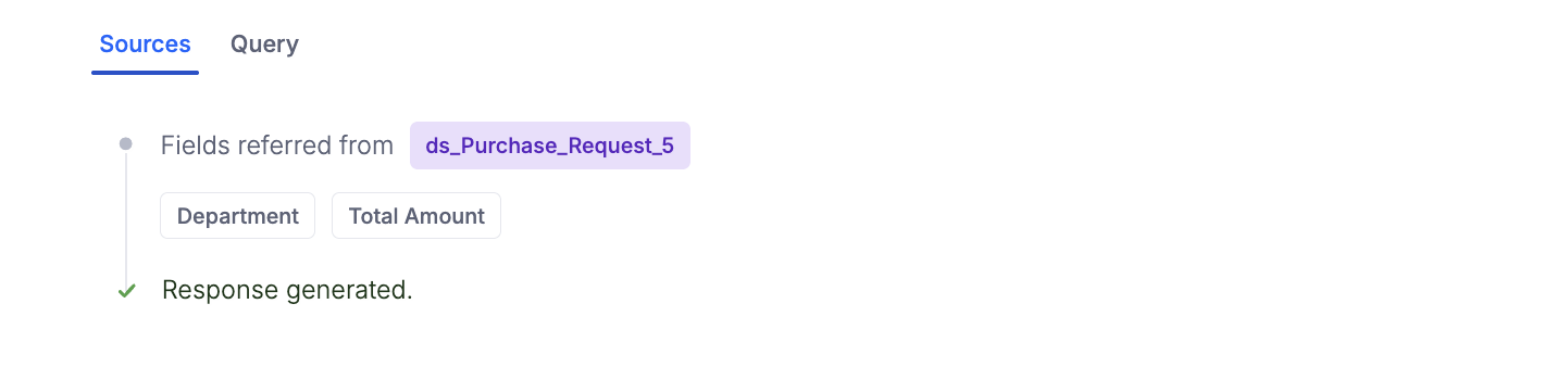 Show details panel with Sources and Query tabs for an Ask response