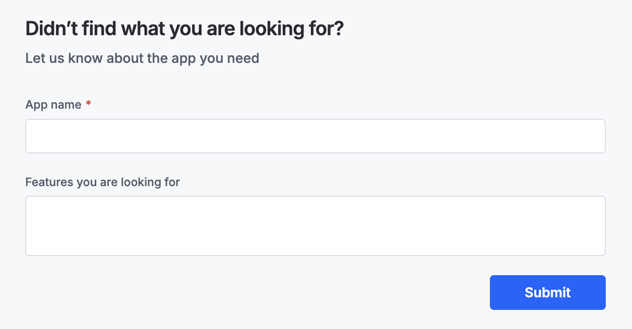 Suggestion form for requesting a new app, with fields for application name and desired feature