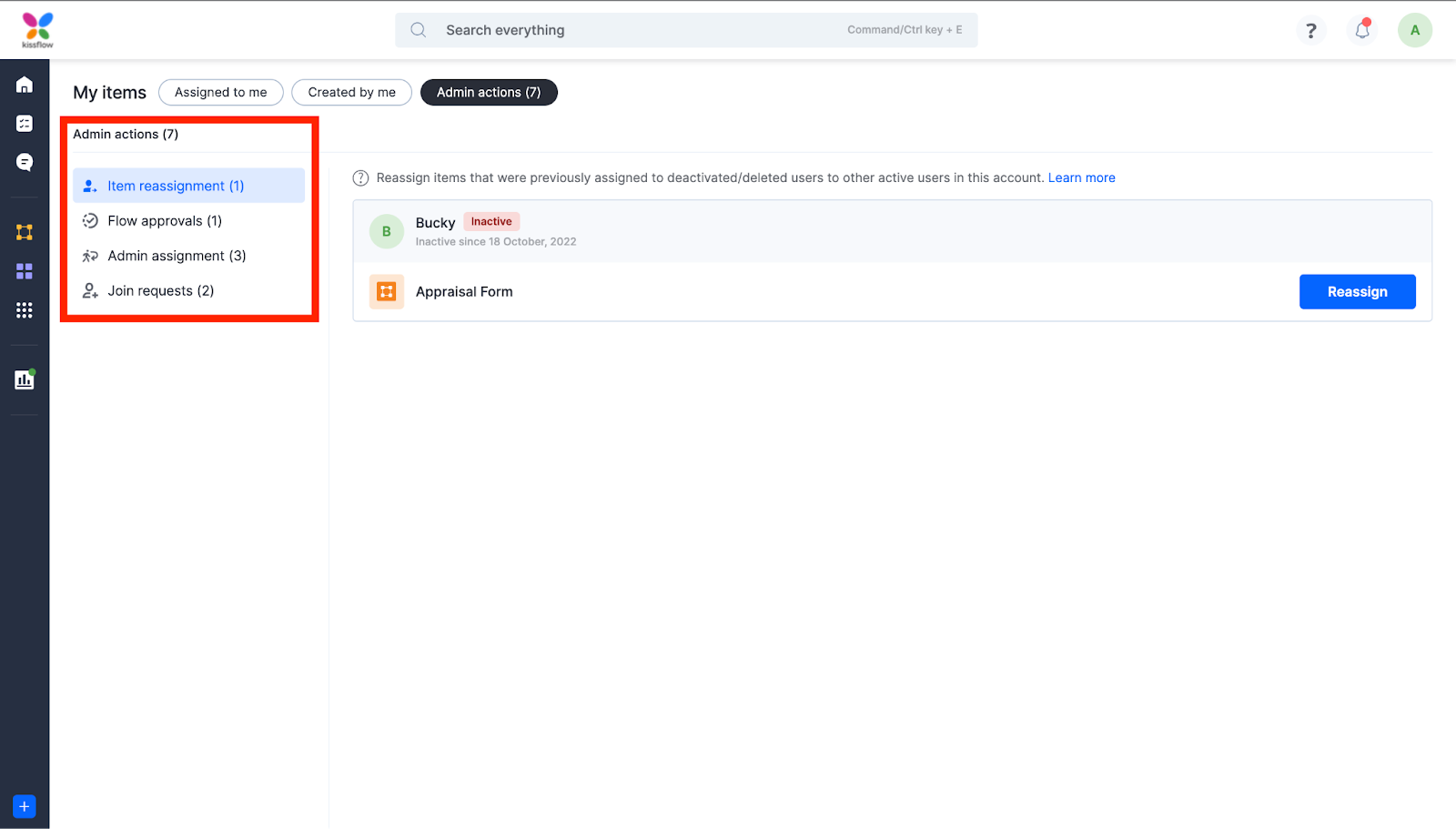 My items page showing the Admin actions tab