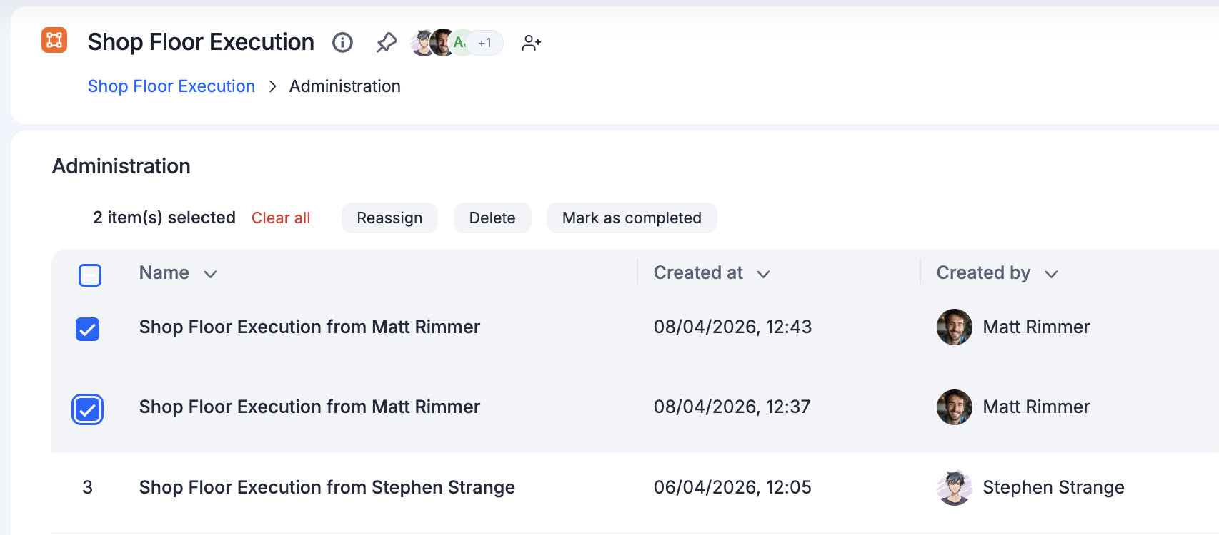 List of process items with checkboxes for bulk selection