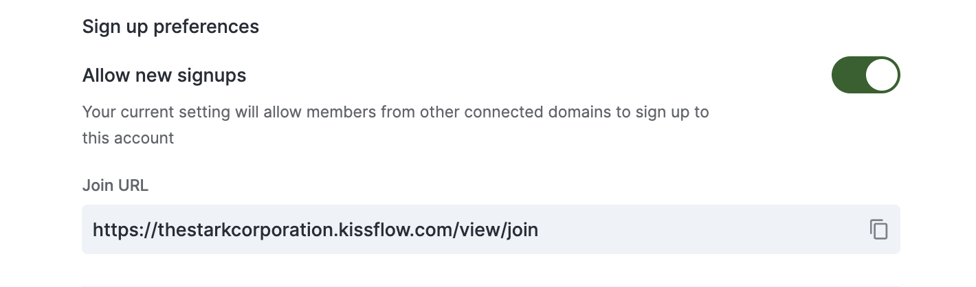 Sign-up preferences page with the Allow new signups toggle and shareable URL