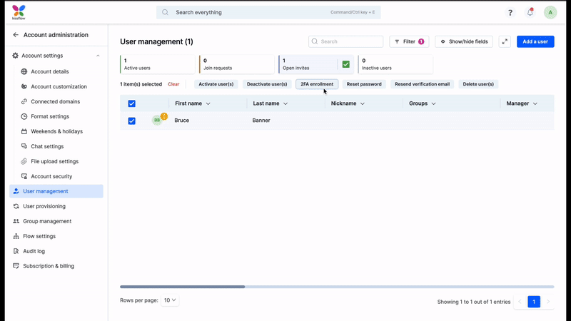 Admin view of bulk 2FA enrollment options for users