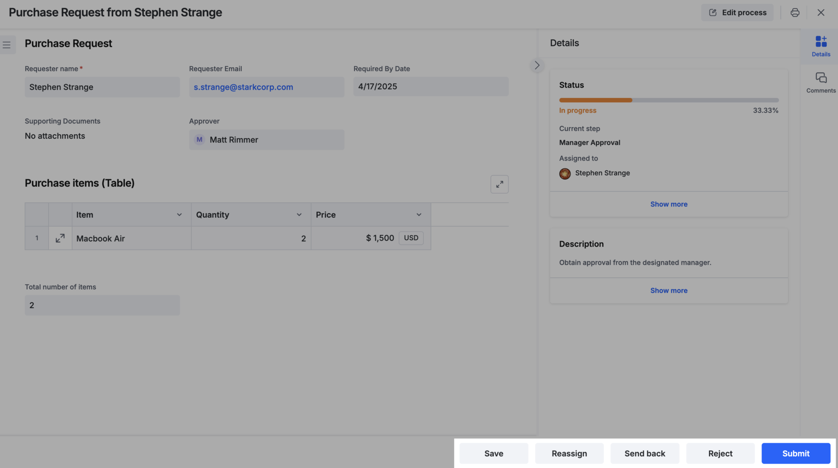 An assigned item open with its fields on the left, the status panel on the right, and the Save, Reassign, Send back, Reject, and Submit actions along the bottom