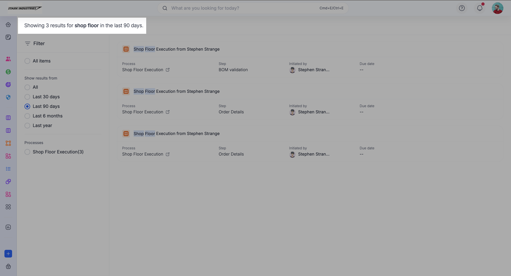 Item-level search window listing items with filters for workflow and date range