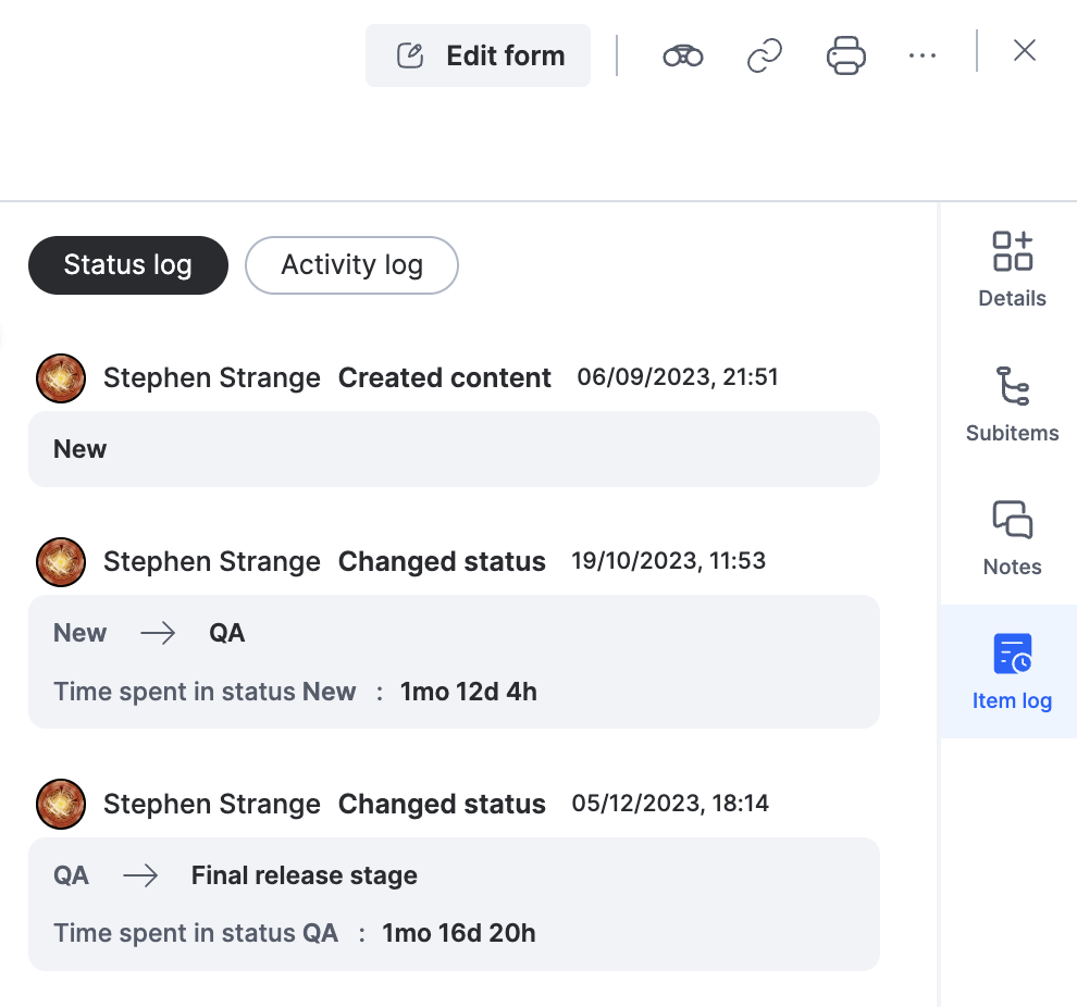 Activity log of an item listing field changes with before and after values