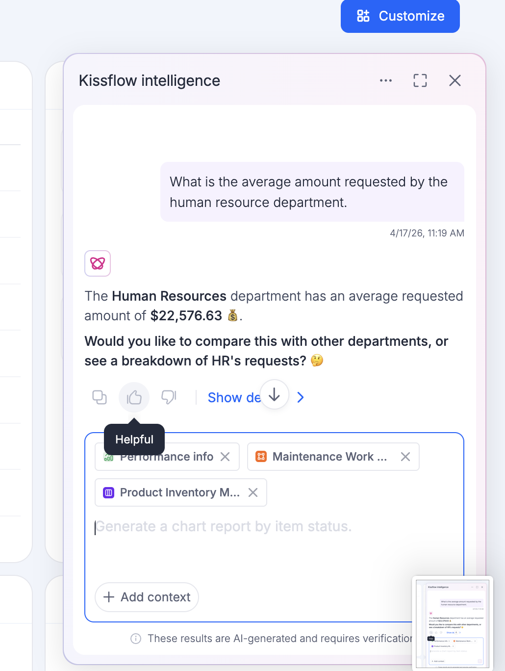 Feedback options on an Ask response, including thumbs up, thumbs down, and additional comments
