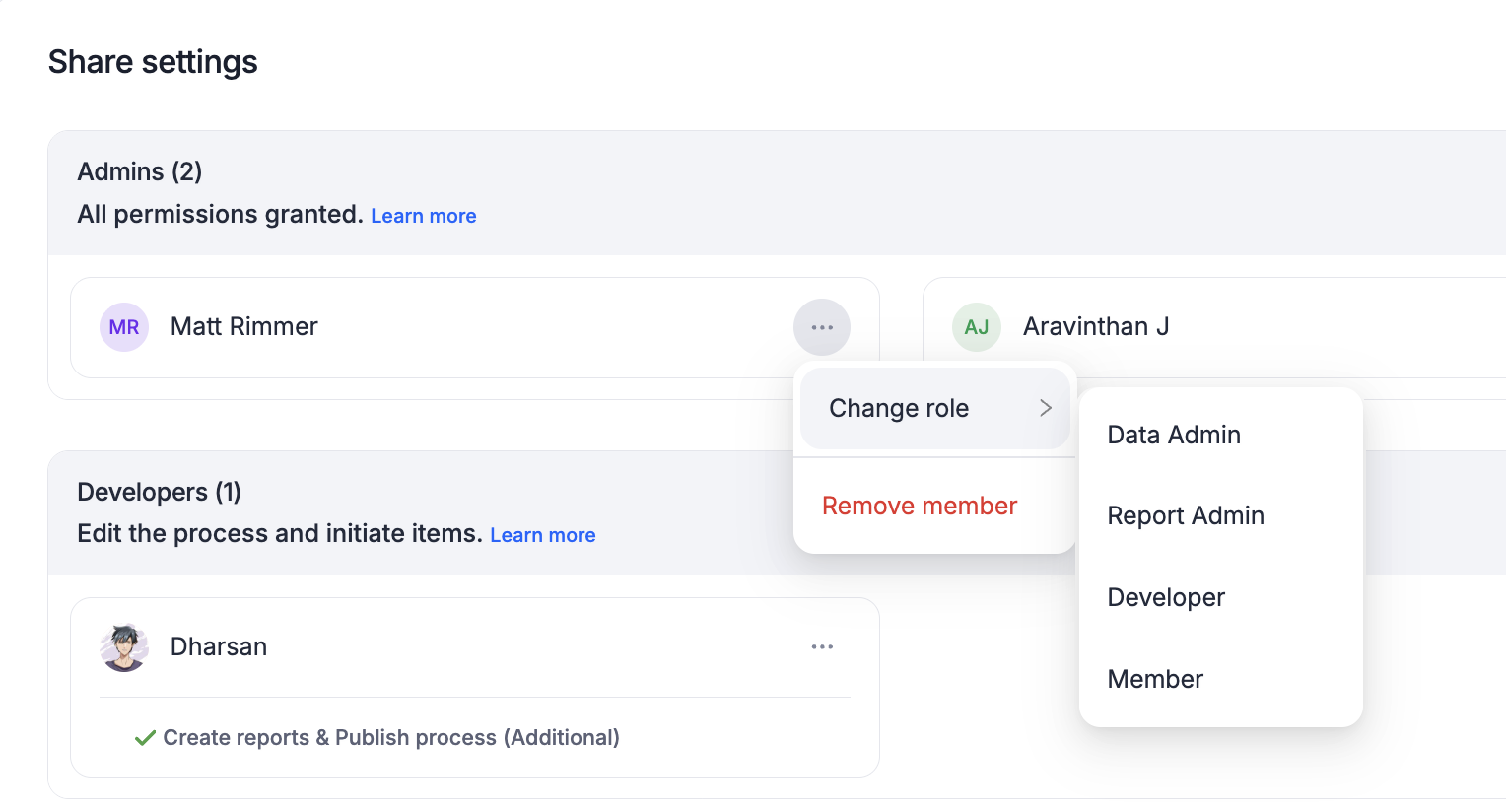Change role option in a member's More options menu