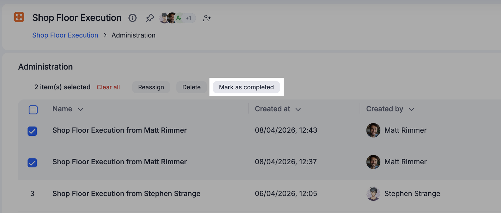 Mark as completed action for selected items