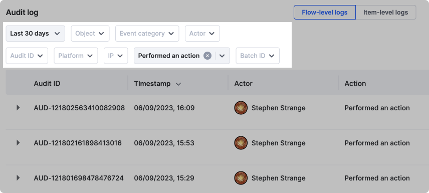 Audit log with filters applied and a clear control on each