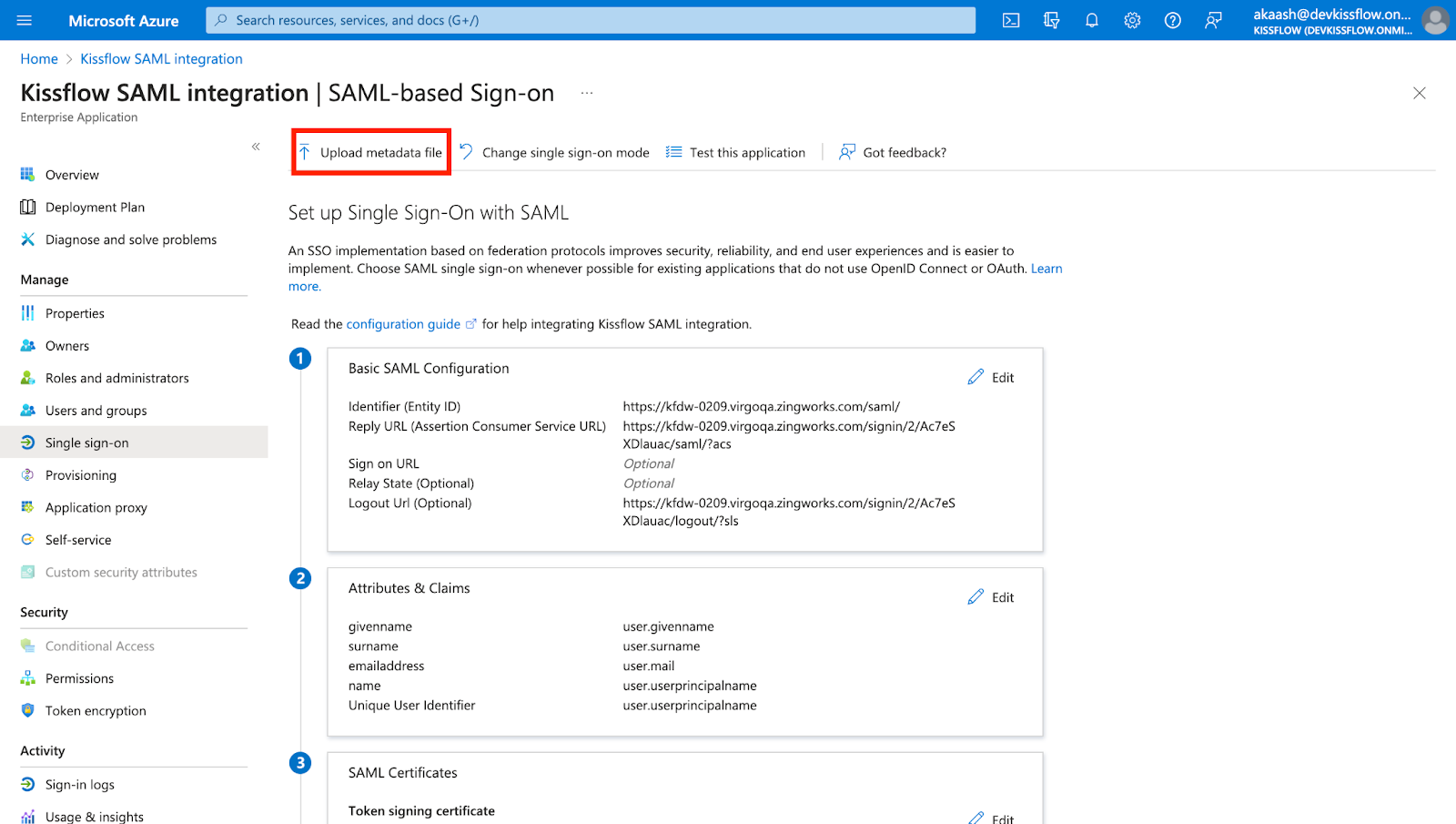 Entra ID SAML setup with the Upload metadata file option