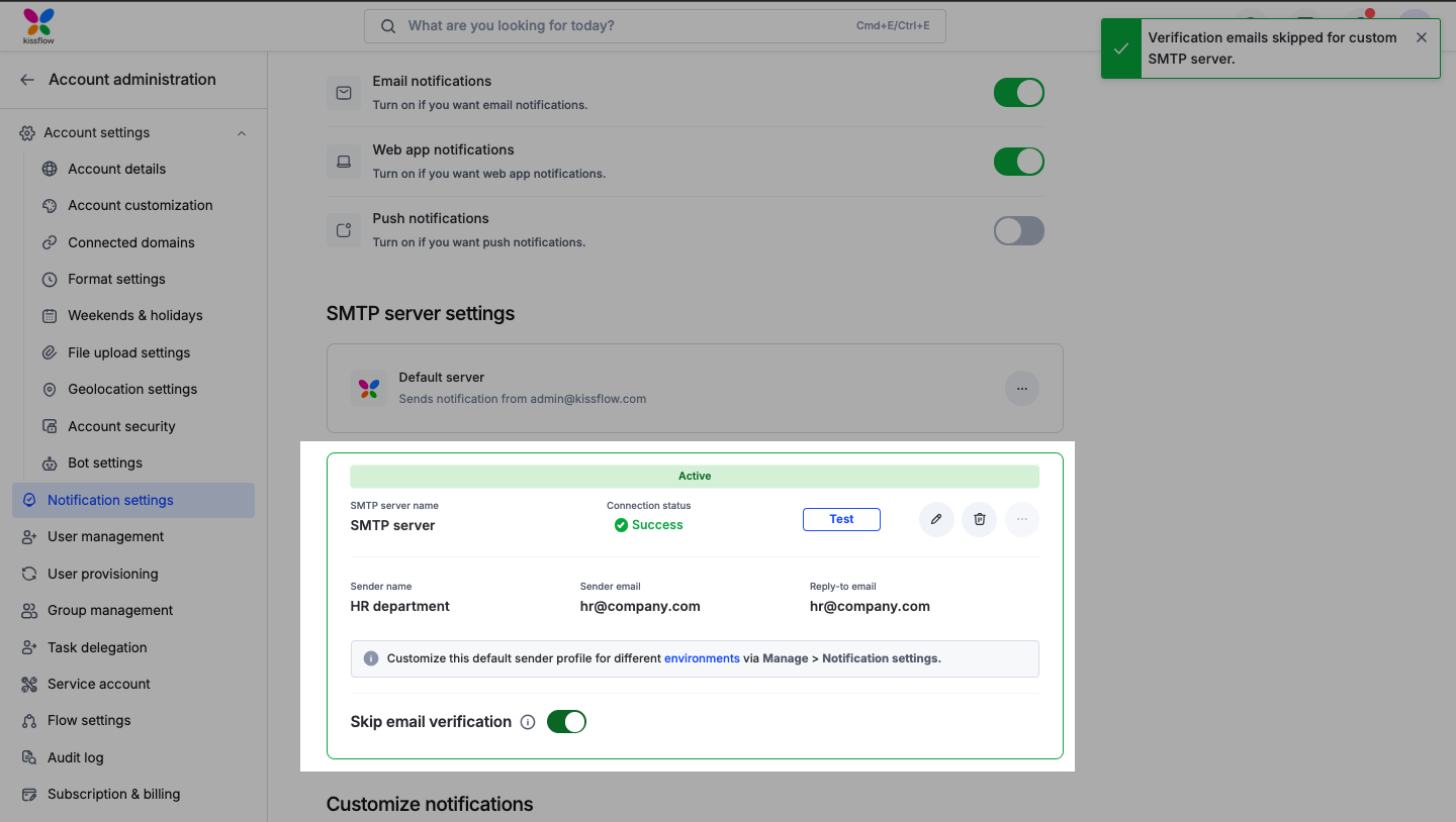Skip email verification toggle on the custom SMTP server card