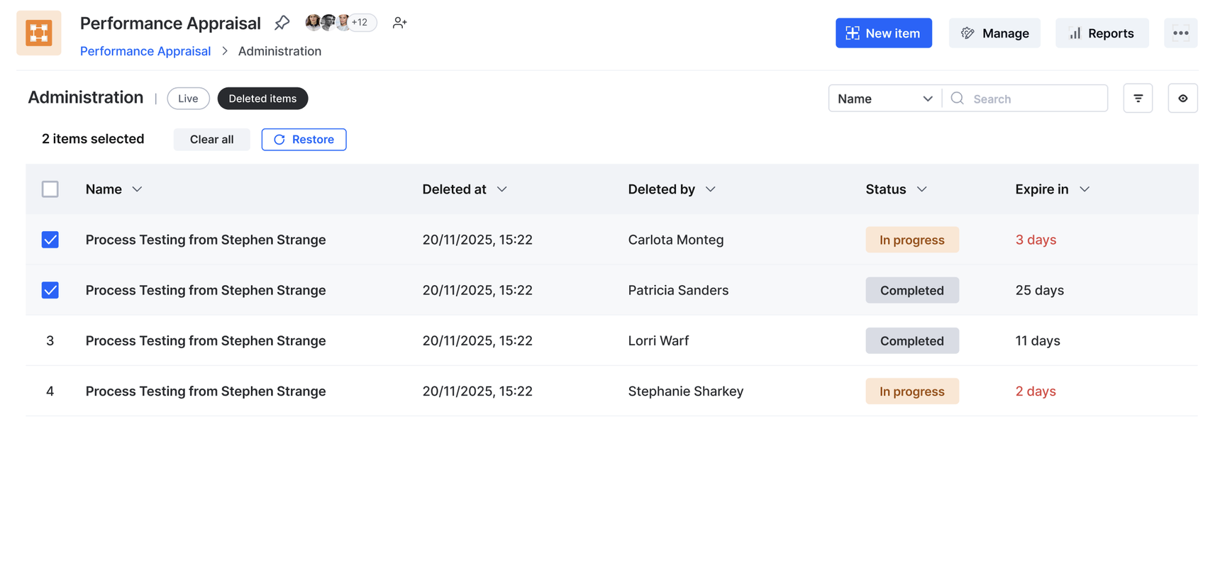 Deleted items tab with items selected and the Restore action available